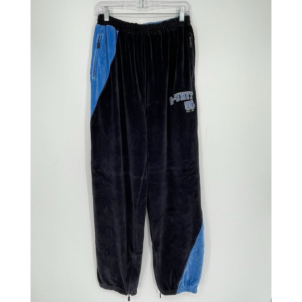 G-Unit Men's Y2K Black Blue Heavyweight Velour Baggy Pull On Track Pants Size XL